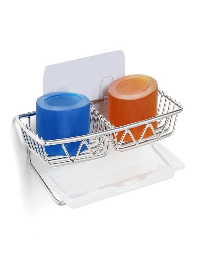 Xacton Stainless Steel Double Soap Holder with Drain Tray I Square Shape Self Adhesive Wall Mounting Soap Dish I Anti Rust Stand for Bathroom Accessories Kitchen Sink - 24 x 9 x 4.5 CM - Image 1